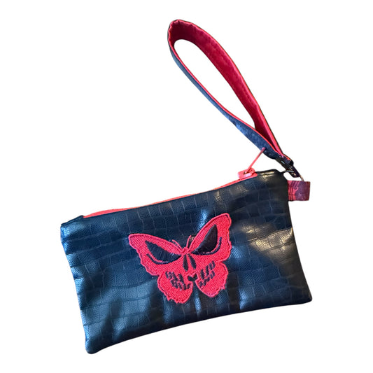 Embroidered Gothic Skull Butterfly Zipper Pouch and Wristlet