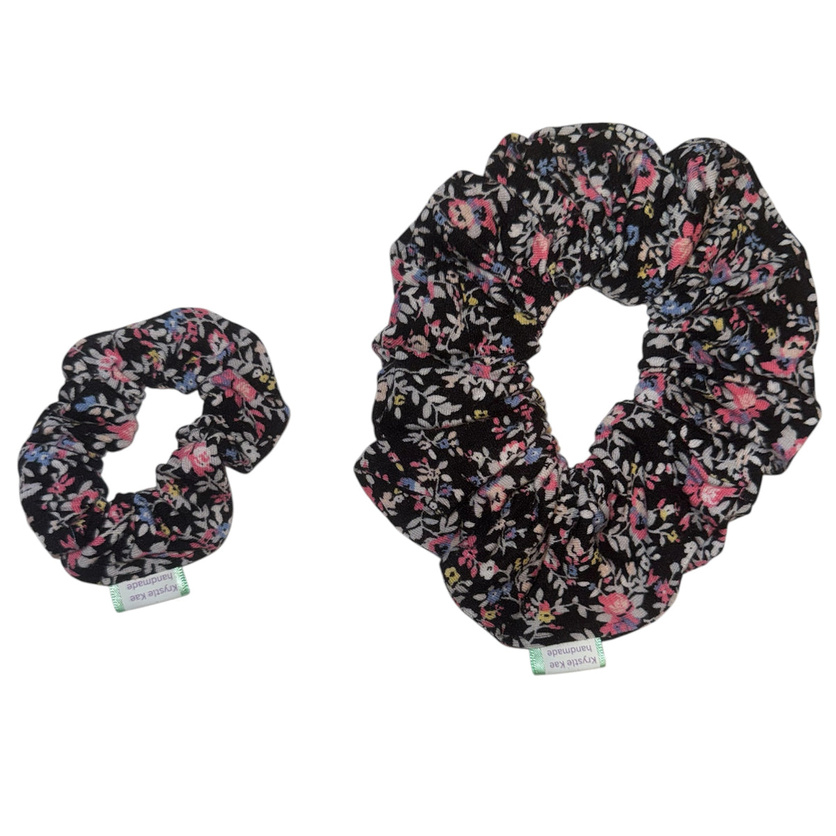 Pink and Blue Flowers on Black Scrunchie