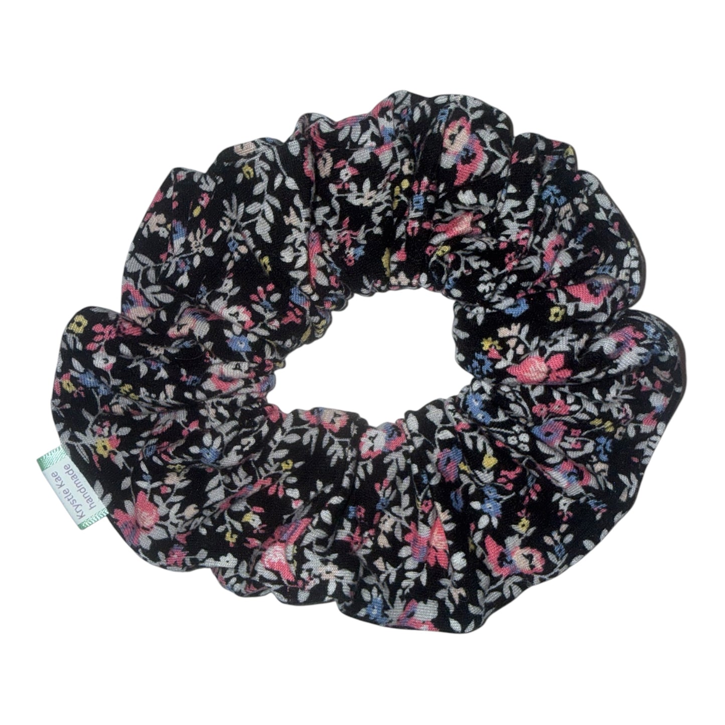 Pink and Blue Flowers on Black Scrunchie