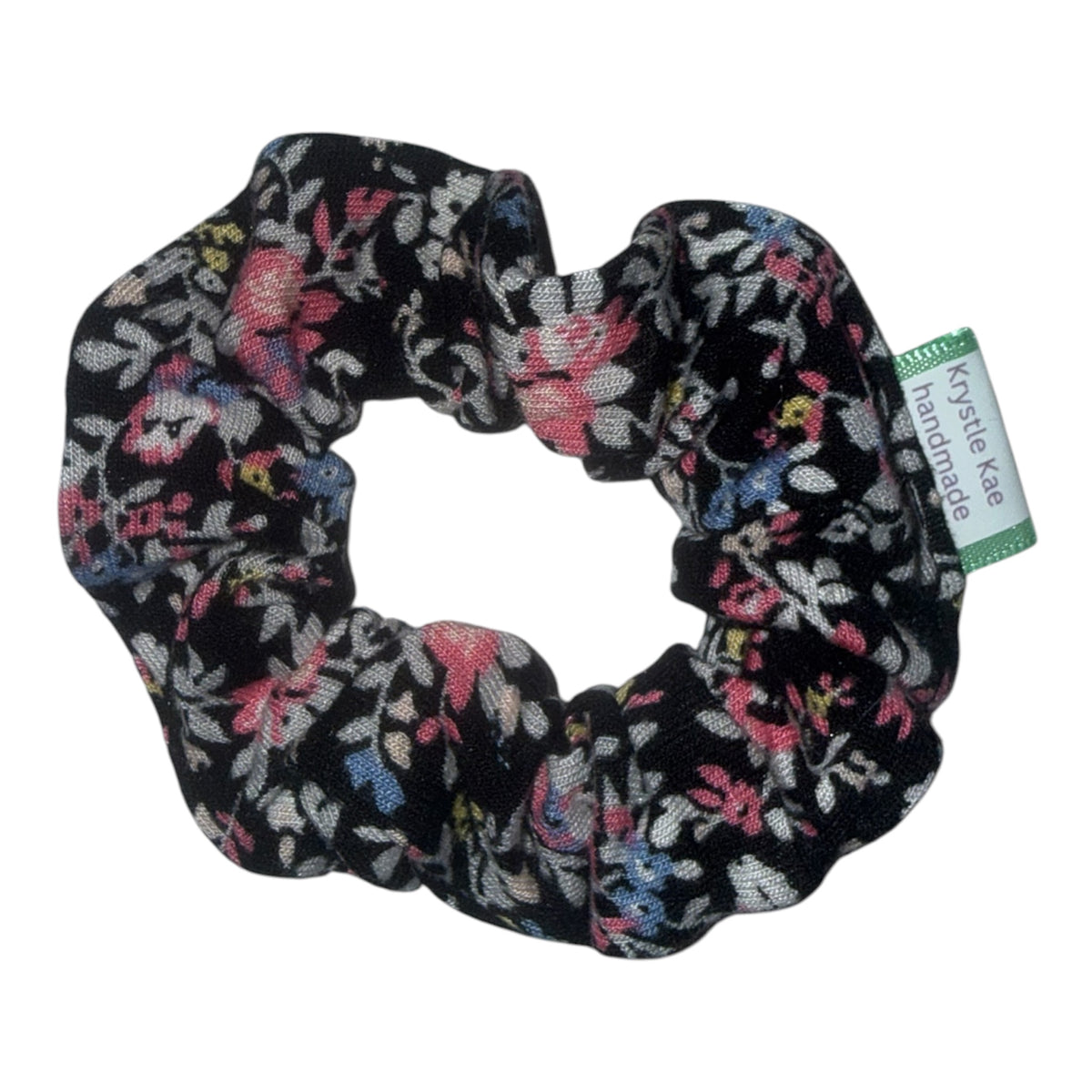 Pink and Blue Flowers on Black Scrunchie