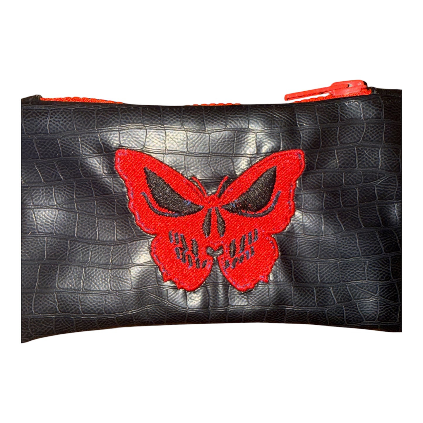 Embroidered Gothic Skull Butterfly Zipper Pouch and Wristlet