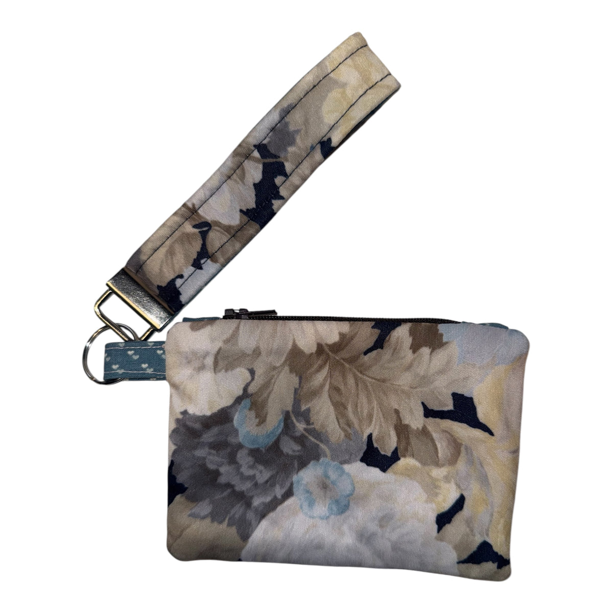 Blue & White Floral Zipper Coin Pouch with wristlet