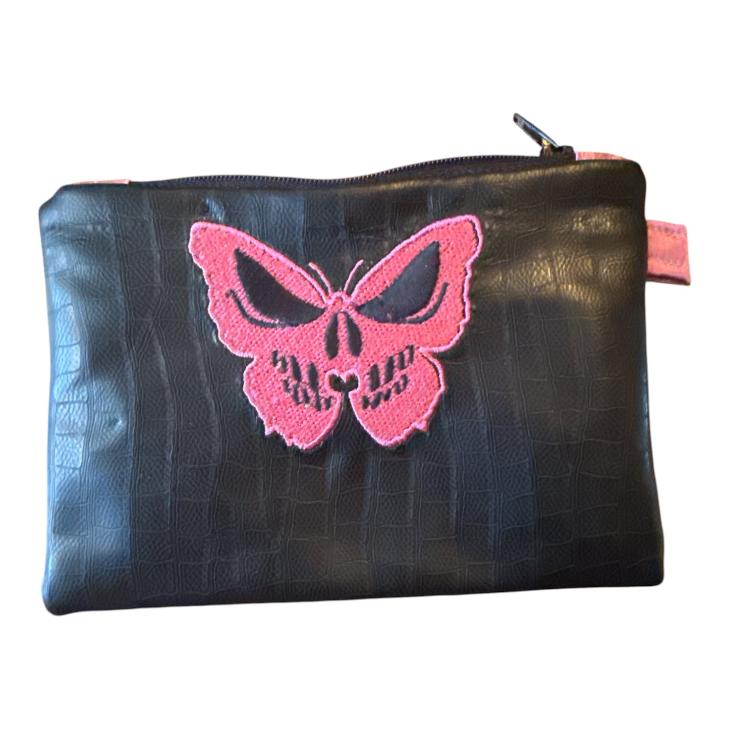 Embroidered Gothic Skull Butterfly Zipper Pouch and Wristlet