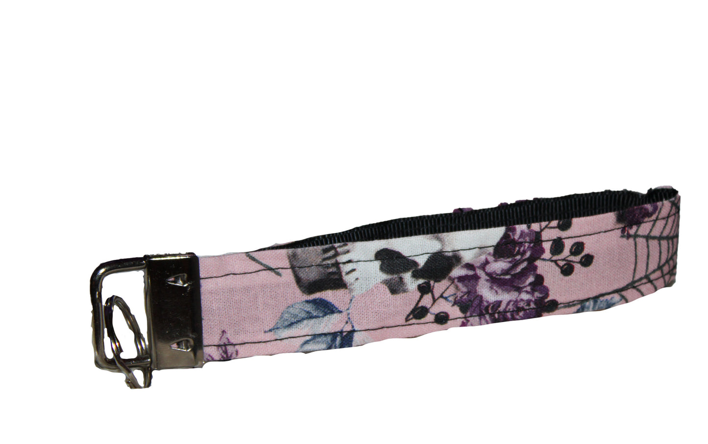 Feminine Skull and Flowers Wristlet Keychain with Pink Background