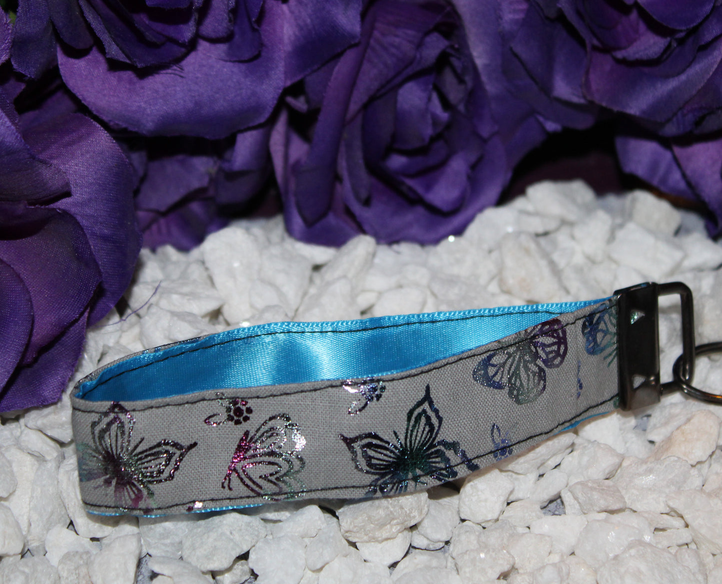 Grey Key Fob Wristlet with Whimsical Butterflies