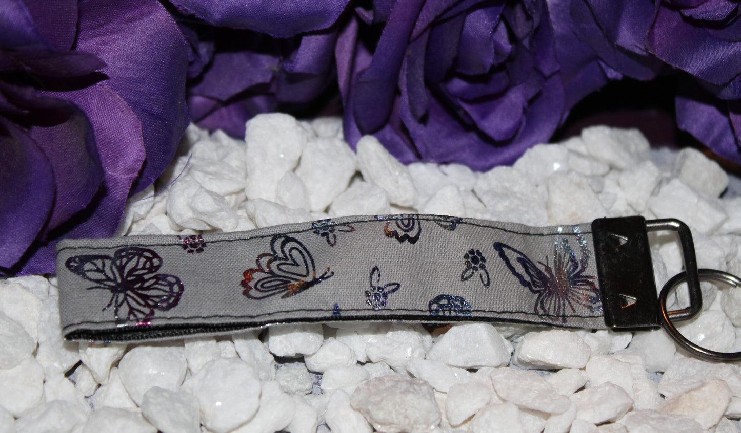 Grey Key Fob Wristlet with Whimsical Butterflies