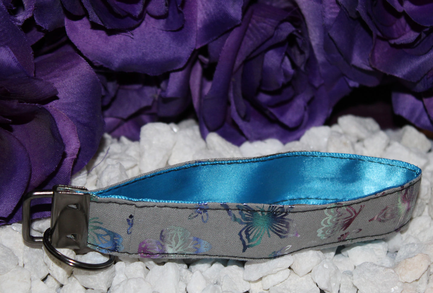 Grey Key Fob Wristlet with Whimsical Butterflies