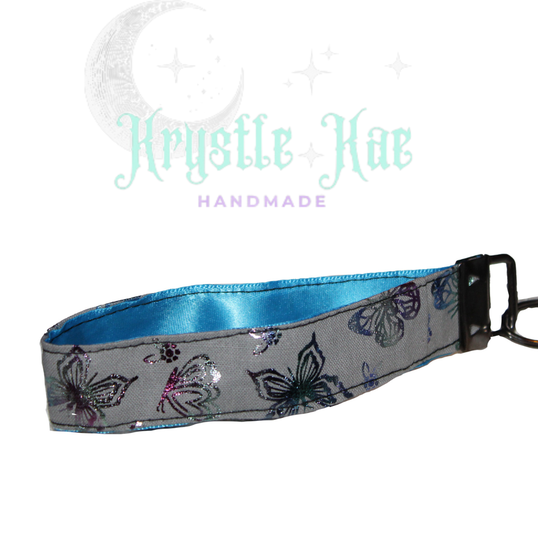 Grey Key Fob Wristlet with Whimsical Butterflies