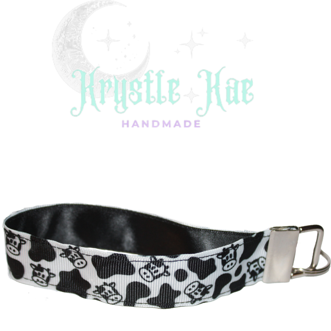 Farmhouse Chic Key Fob Wristlet with Black and White Cow Head