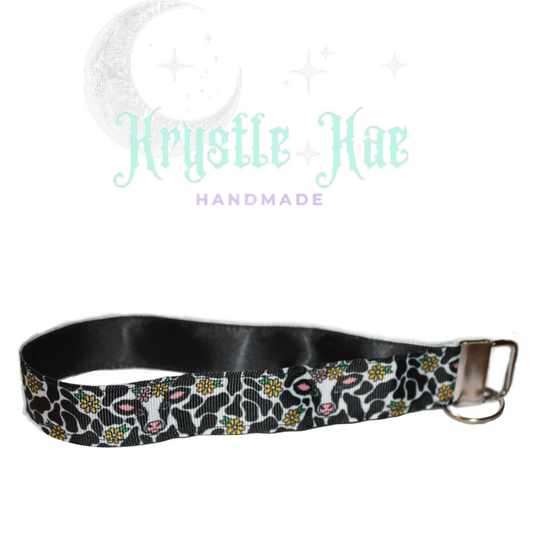 Handmade Key Fob Wristlet featuring a Retro Cow Design and Flowers