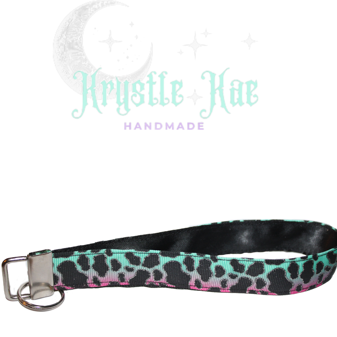 Pastel Cow Print Key Fob Wristlet - Pink & Green