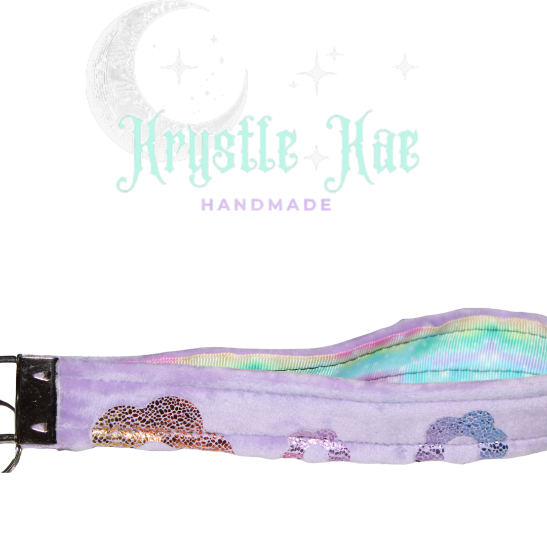 Colorful Rainbow Key Fob Wristlet with Purple Flower