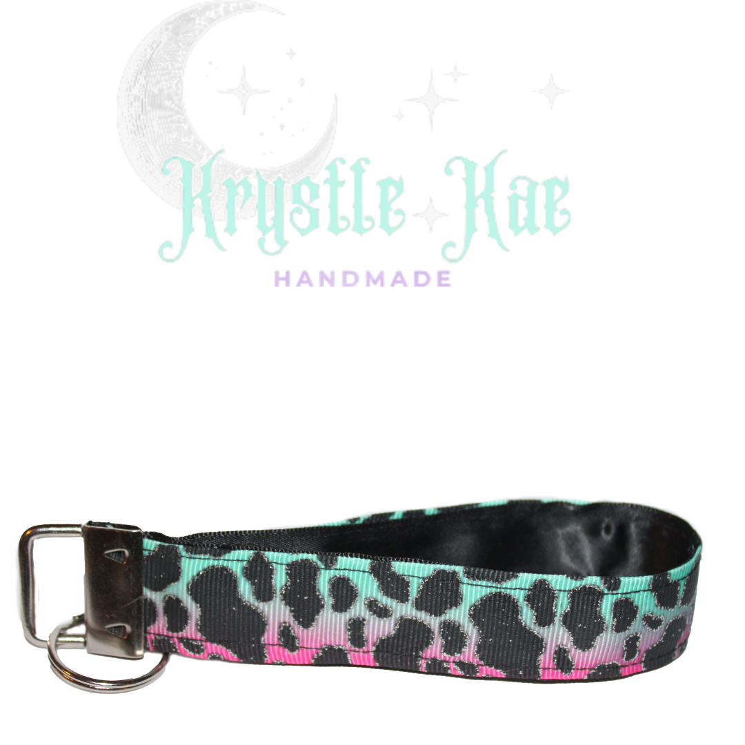 Pastel Cow Print Key Fob Wristlet - Pink & Green